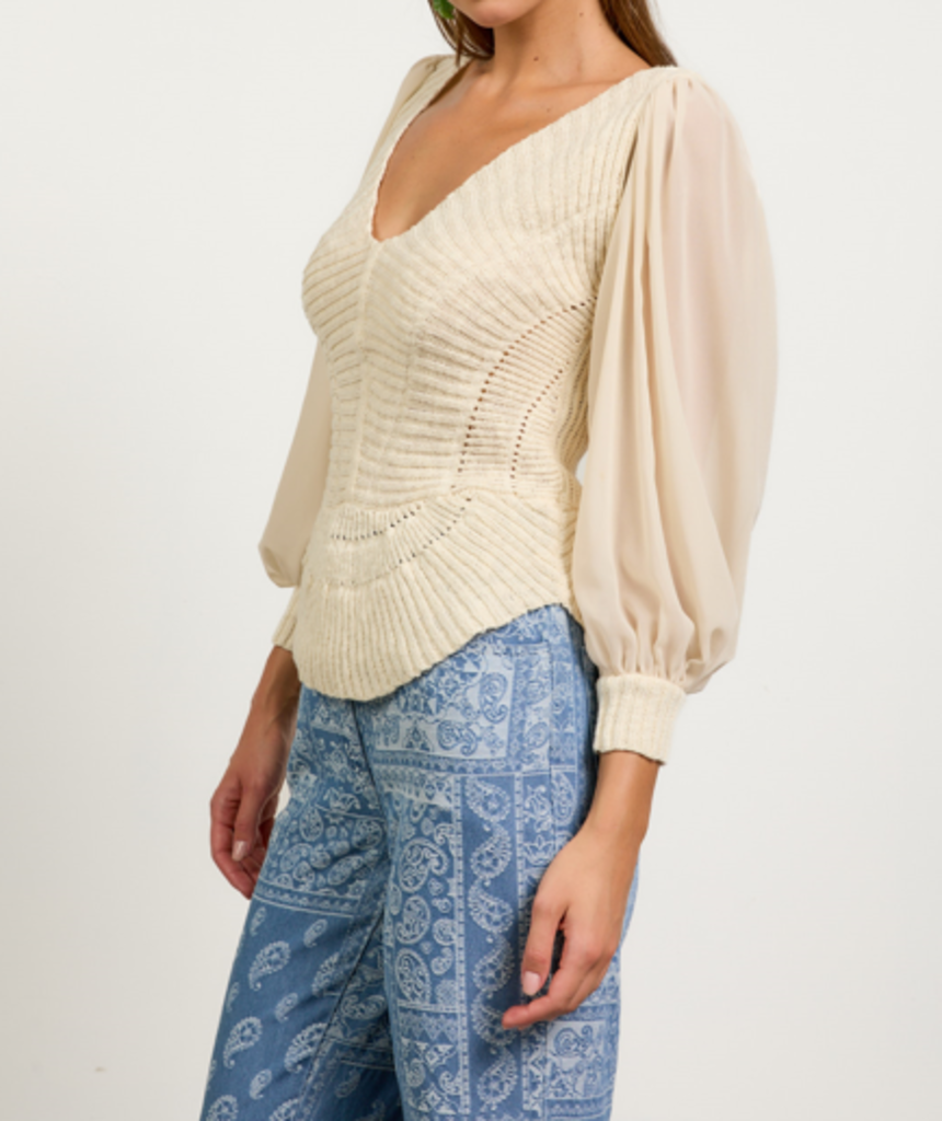 SKIES ARE BLUE Cream Cotton Knit and Mesh Long Sleeve Top