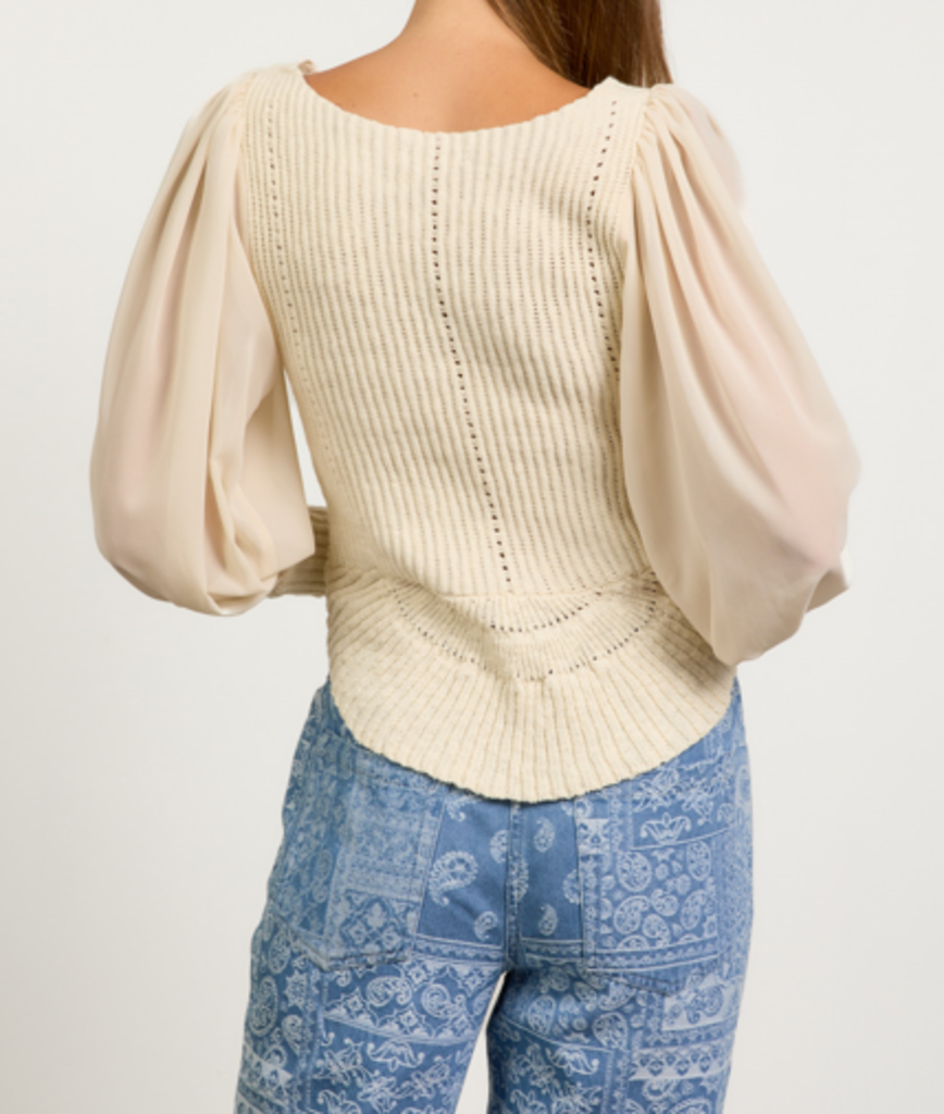 SKIES ARE BLUE Cream Cotton Knit and Mesh Long Sleeve Top