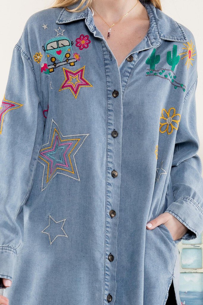 BLUE VELVET Lightweight Long Sleeve Button Down Embroidered Top