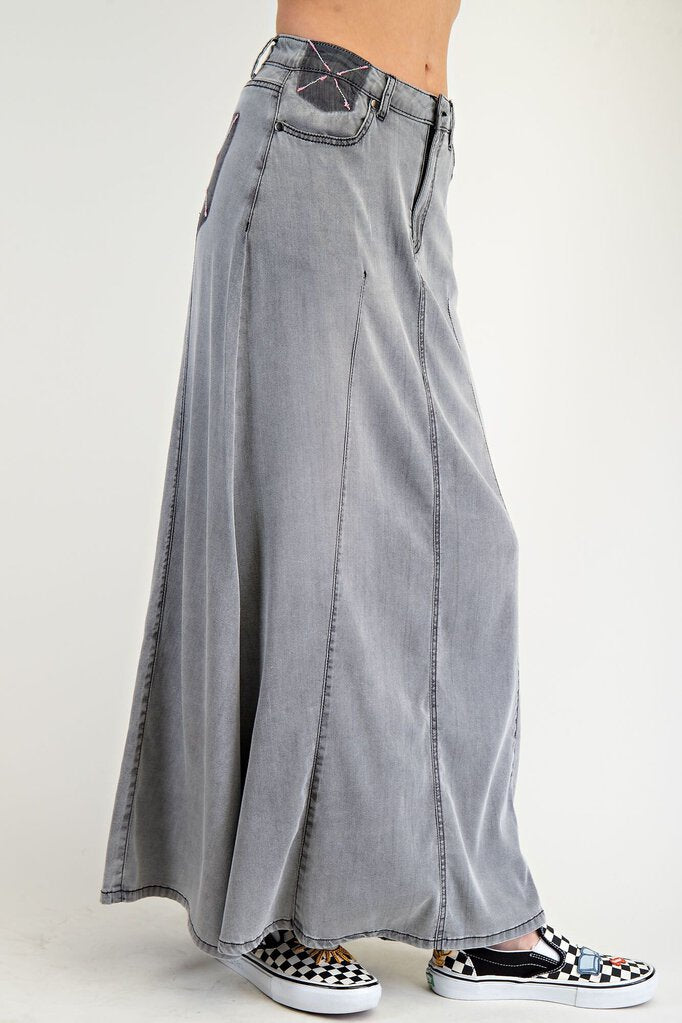 EASEL Long Washed Black Denim Light Weight Skirt