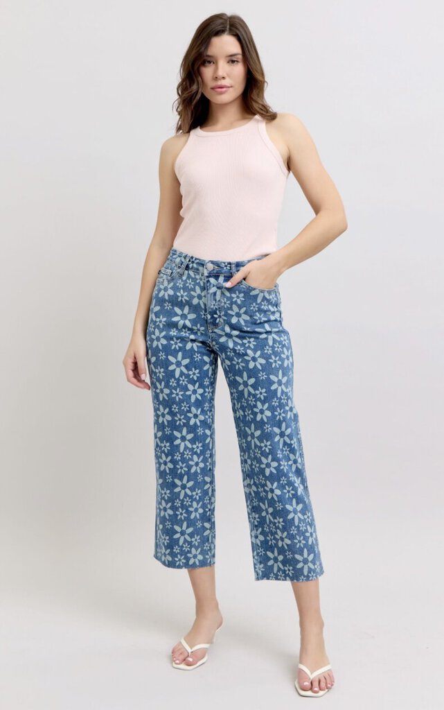 JUDY BLUE High Waisted Flower Print Crop Wide Leg Jean