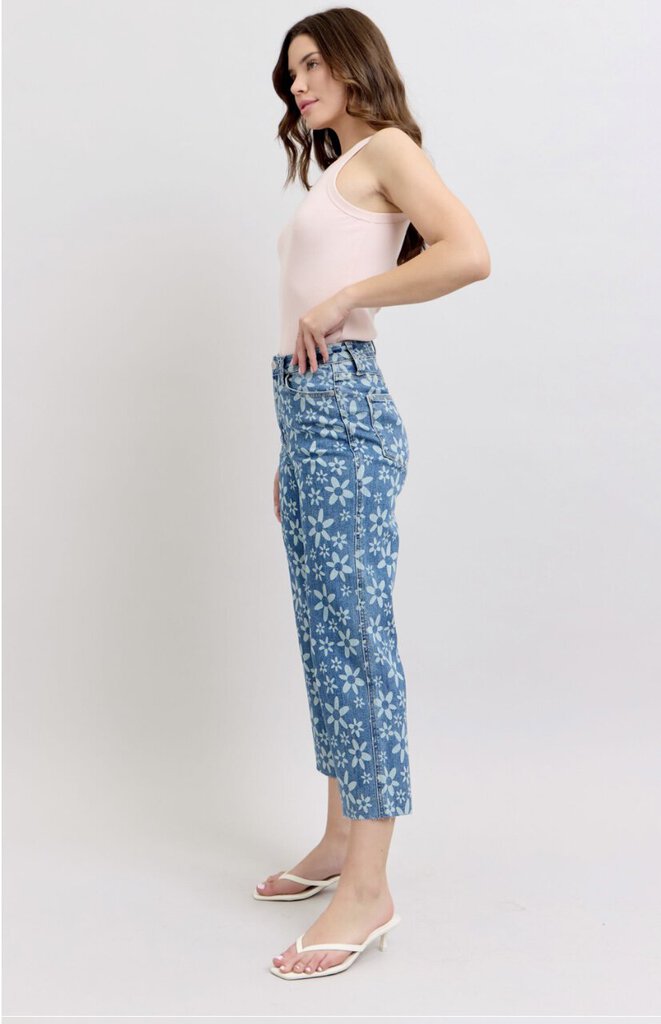 JUDY BLUE High Waisted Flower Print Crop Wide Leg Jean