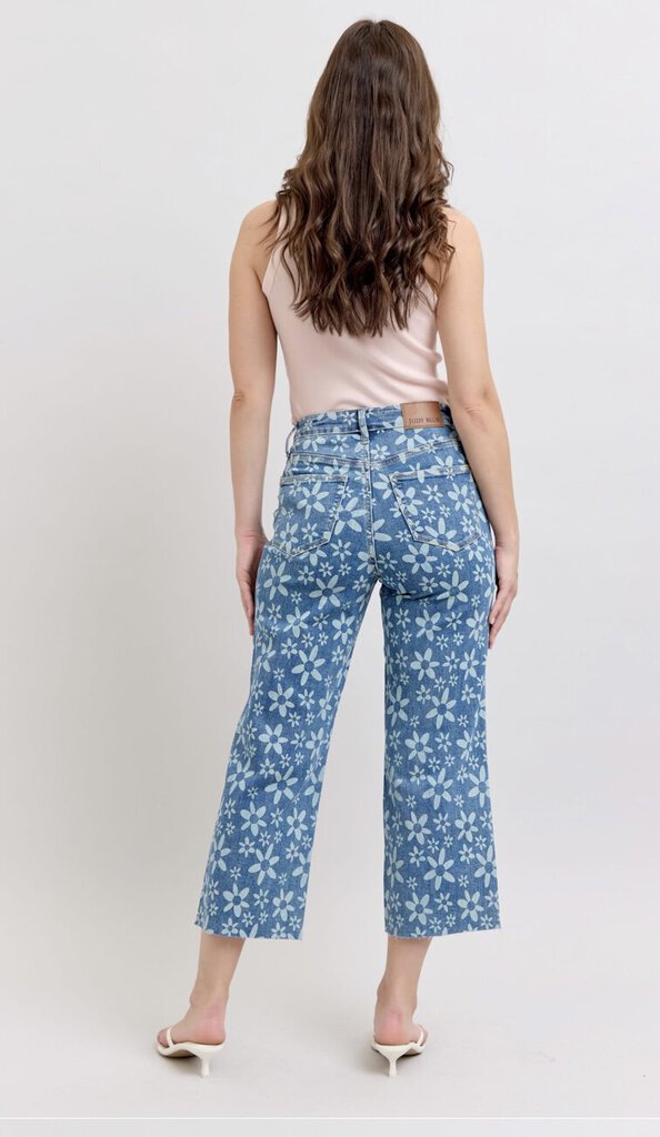 JUDY BLUE High Waisted Flower Print Crop Wide Leg Jean