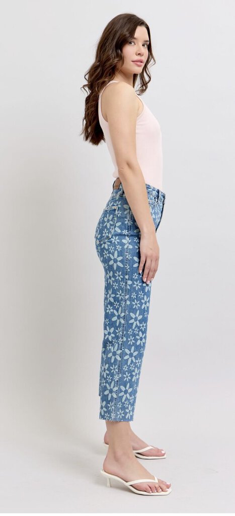 JUDY BLUE High Waisted Flower Print Crop Wide Leg Jean