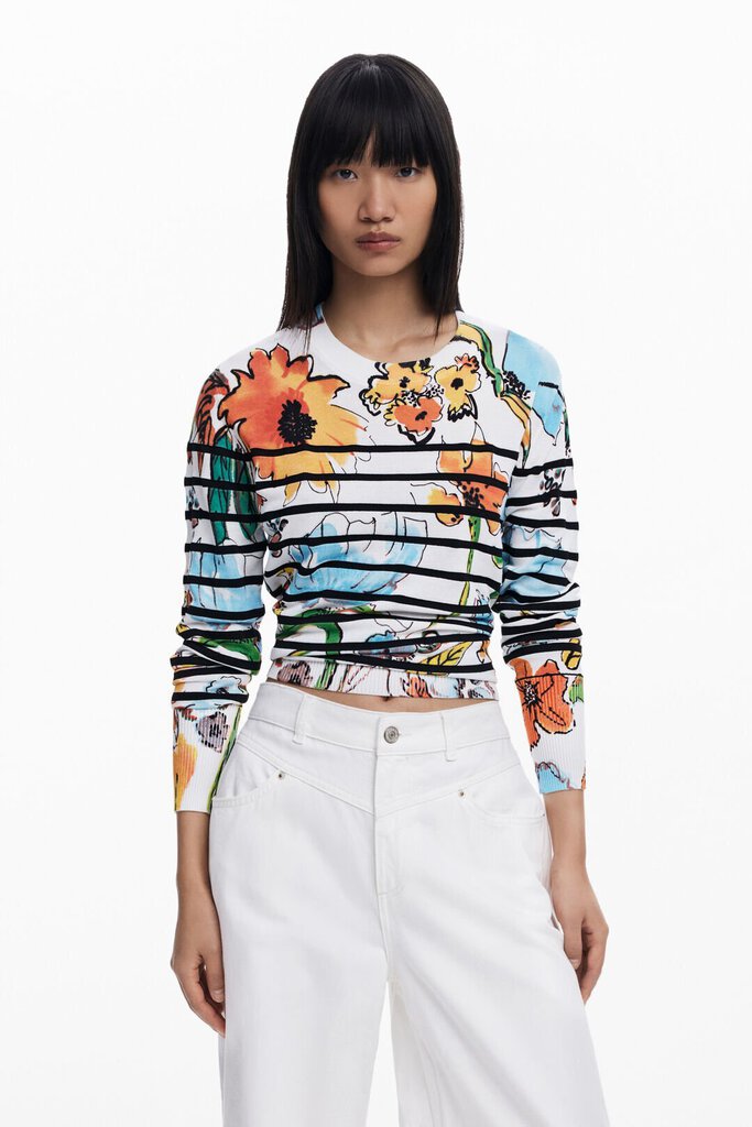 DESIGUAL Roung-neck Stripe & Floral Long Sleeve Sweater Top