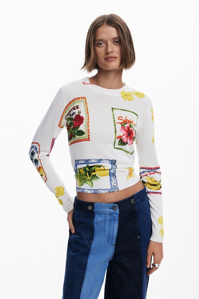 DESIGUAL Cream Long Sleeve Tropical Motifs Print Sweater Top