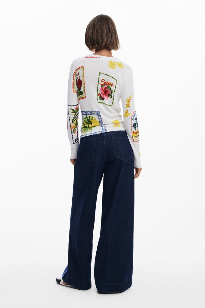 DESIGUAL Cream Long Sleeve Tropical Motifs Print Sweater Top