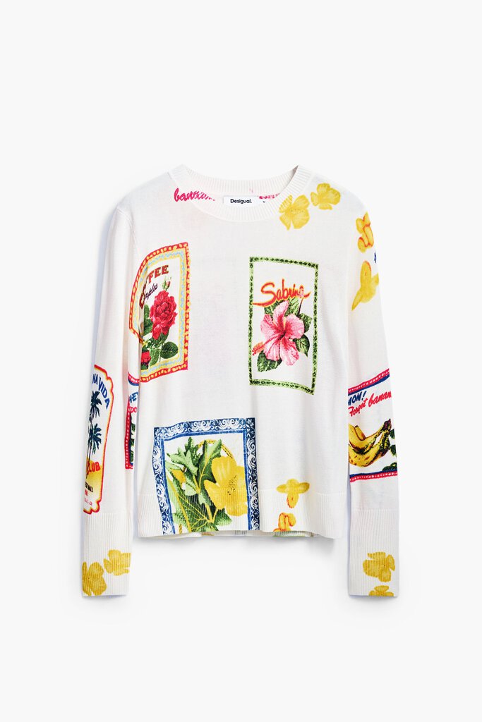 DESIGUAL Cream Long Sleeve Tropical Motifs Print Sweater Top