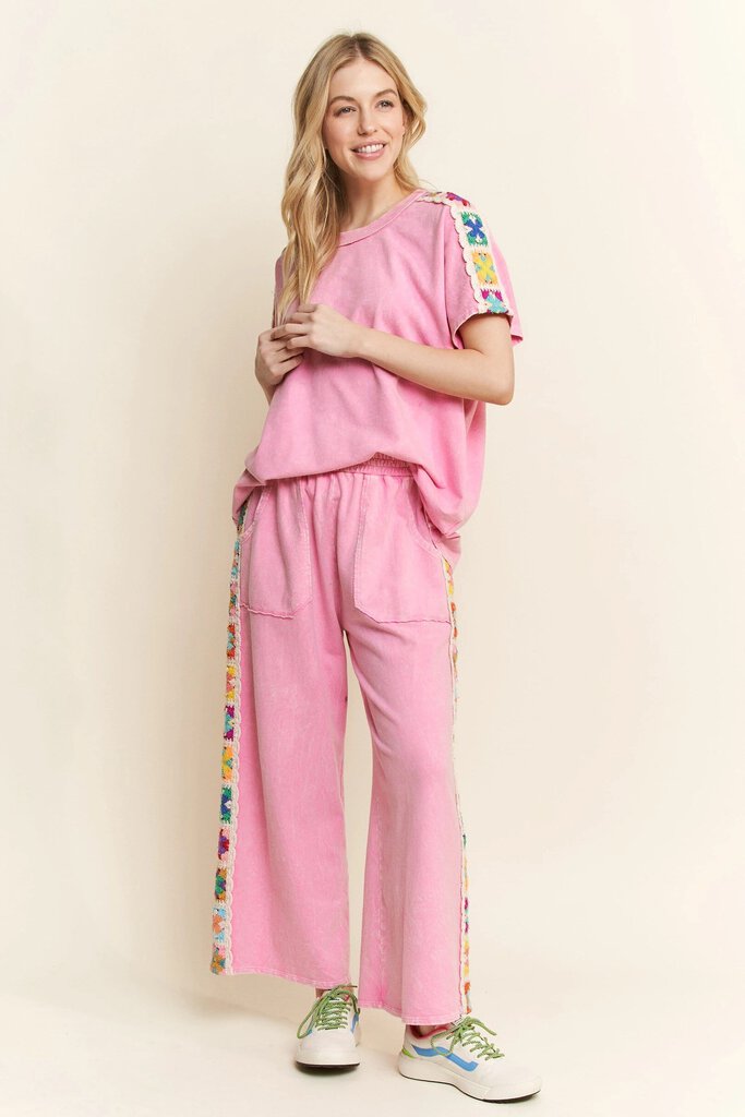 J HER Pink Wide Leg and Short Sleeve Top with Crochet Trim