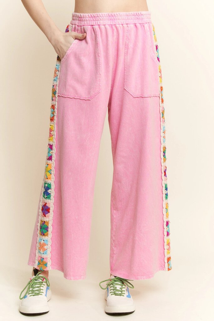 J HER Pink Wide Leg and Short Sleeve Top with Crochet Trim