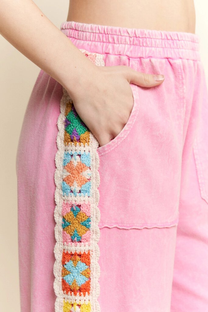 J HER Pink Wide Leg and Short Sleeve Top with Crochet Trim