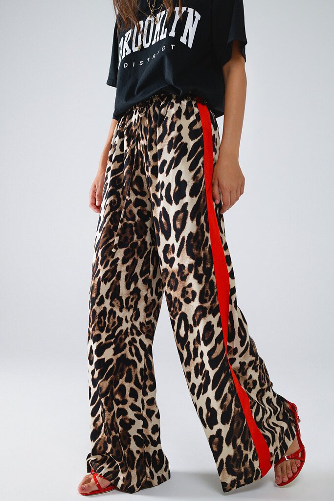 Q2 Leopard Wide Leg Pant with Side Stripe
