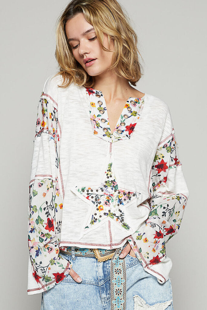POL White Long Sleeve Top with Floral Trim