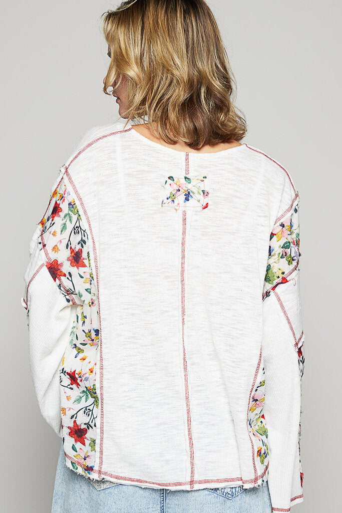 POL White Long Sleeve Top with Floral Trim