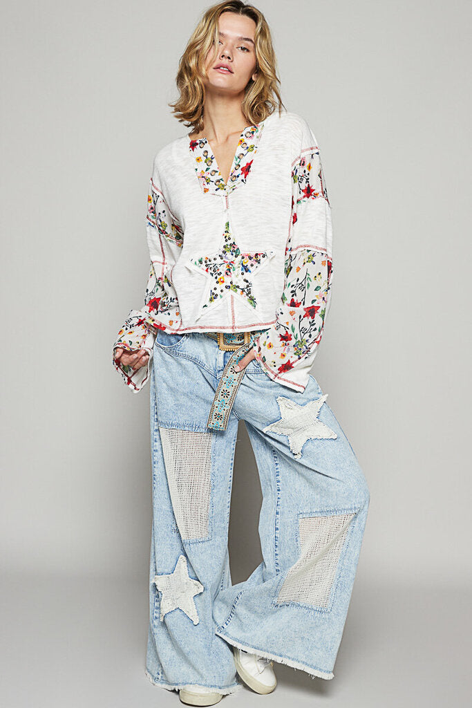 POL White Long Sleeve Top with Floral Trim