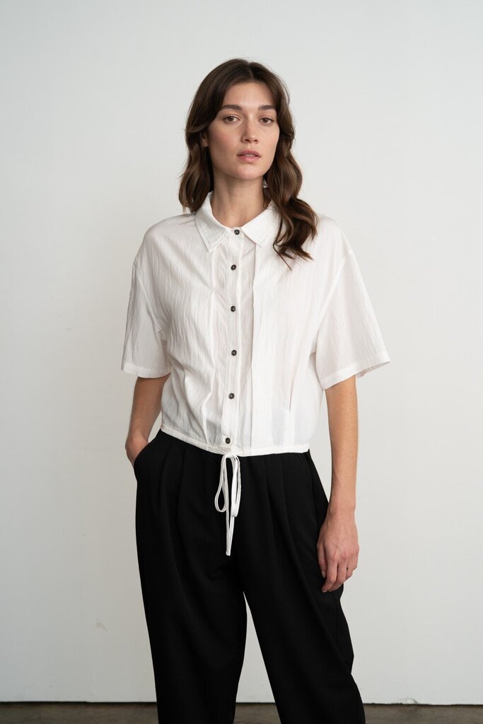 ELLE GREY White Short Sleeve Pleated Button Up Top
