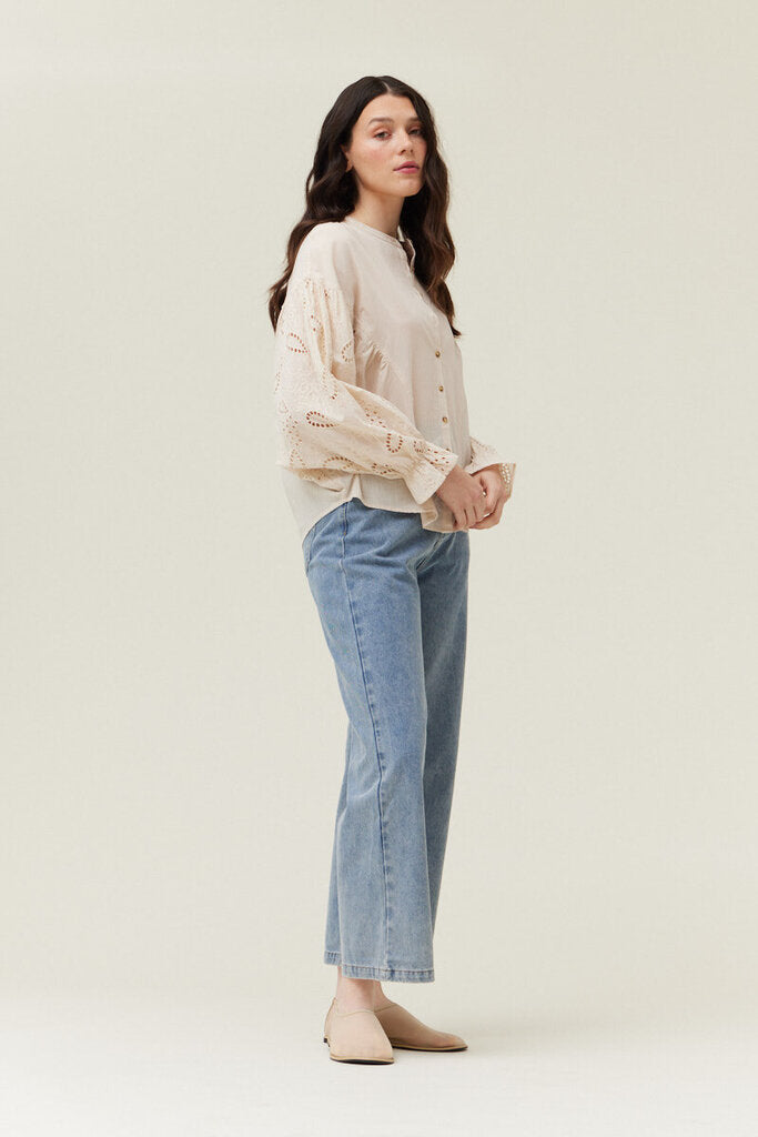 GRADE & GATHER Cream Eyelet Long Sleeve Button-up Top