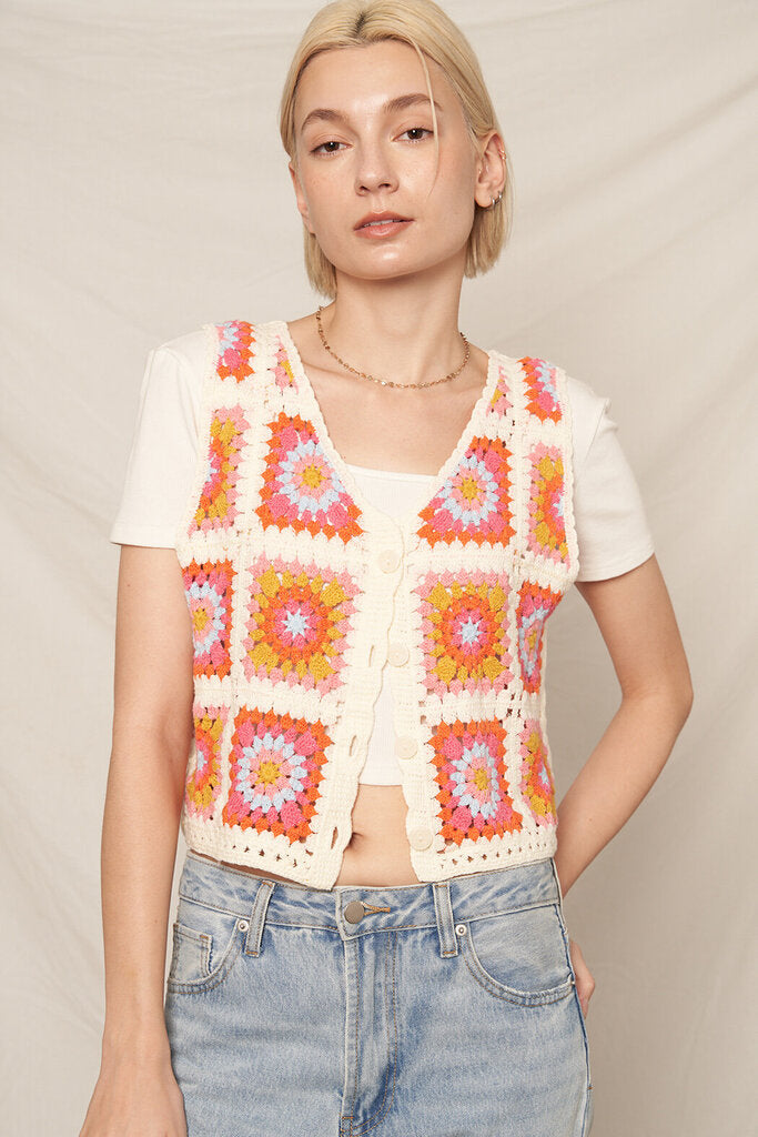 EN CREME Multi Colored Crochet Vest Top