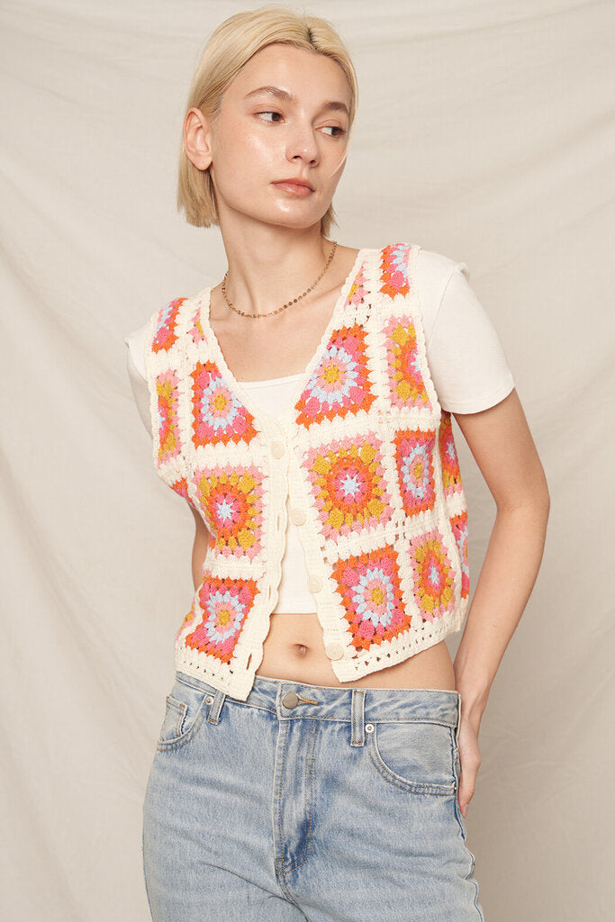 EN CREME Multi Colored Crochet Vest Top