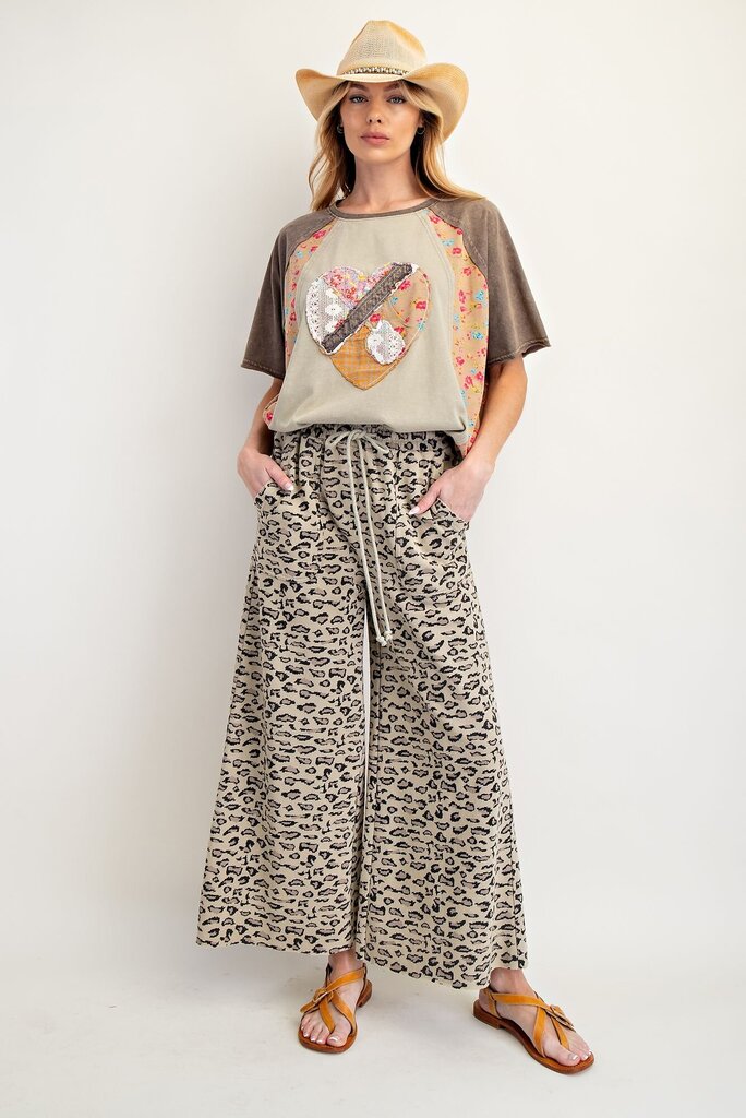 EASEL Faded Olive Animal Print Terry Knit Pant