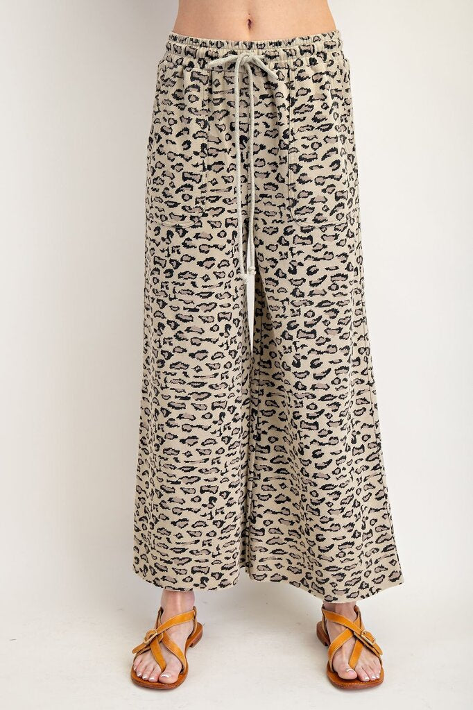 EASEL Faded Olive Animal Print Terry Knit Pant