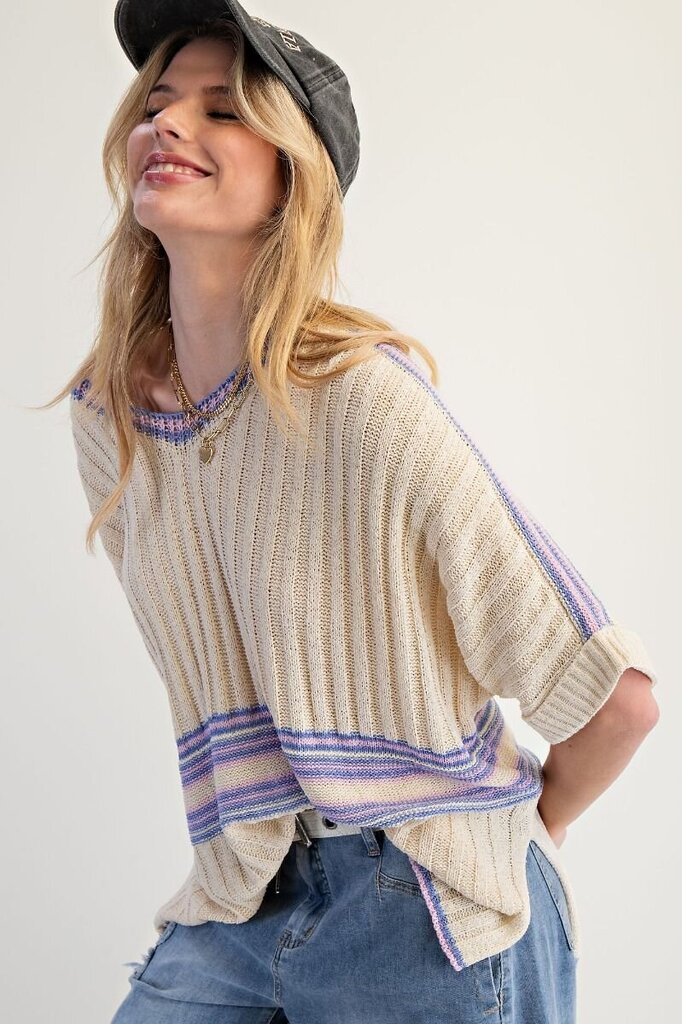 EASEL Cream Drop Shoulder Cuffed Sleeve Knit Top