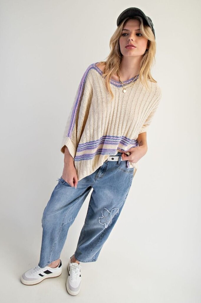 EASEL Cream Drop Shoulder Cuffed Sleeve Knit Top