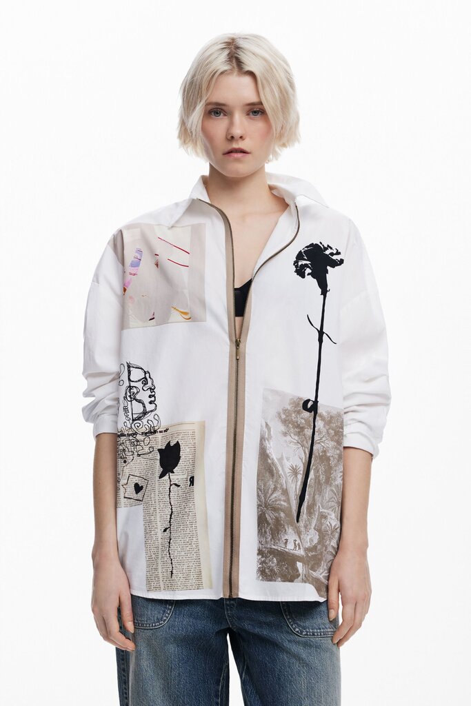 DESIGUAL White Cotton Long Sleeve Zip-up Tunic Shirt Top
