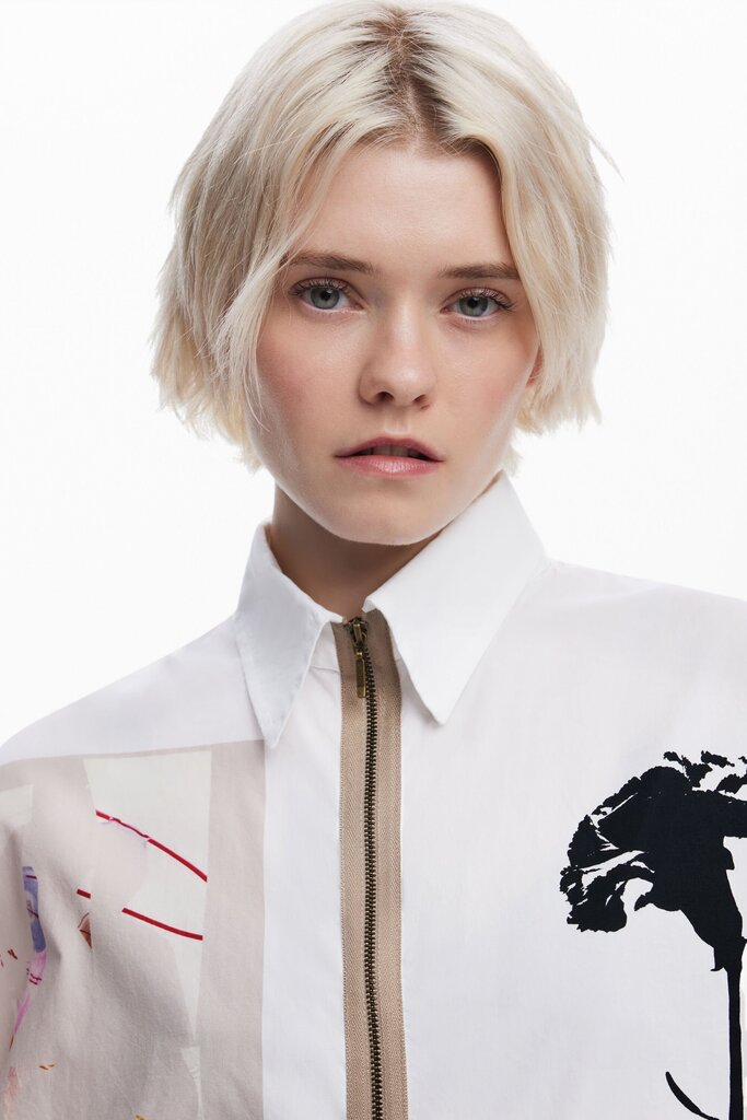 DESIGUAL White Cotton Long Sleeve Zip-up Tunic Shirt Top