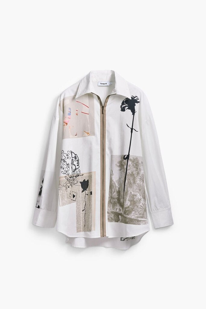 DESIGUAL White Cotton Long Sleeve Zip-up Tunic Shirt Top
