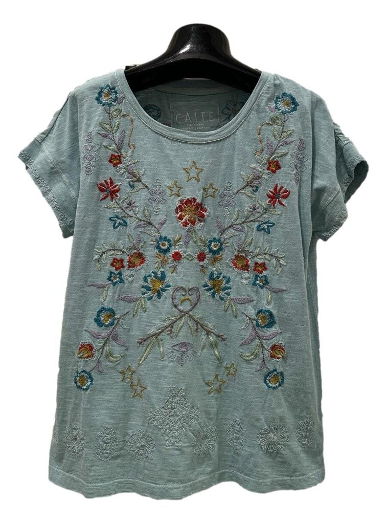 CAITE Cotton Ocean Teal Short Sleeve Embroidered Top