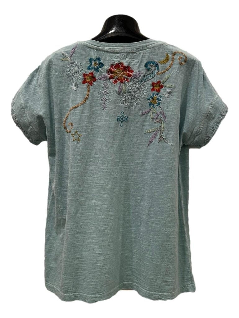 CAITE Cotton Ocean Teal Short Sleeve Embroidered Top