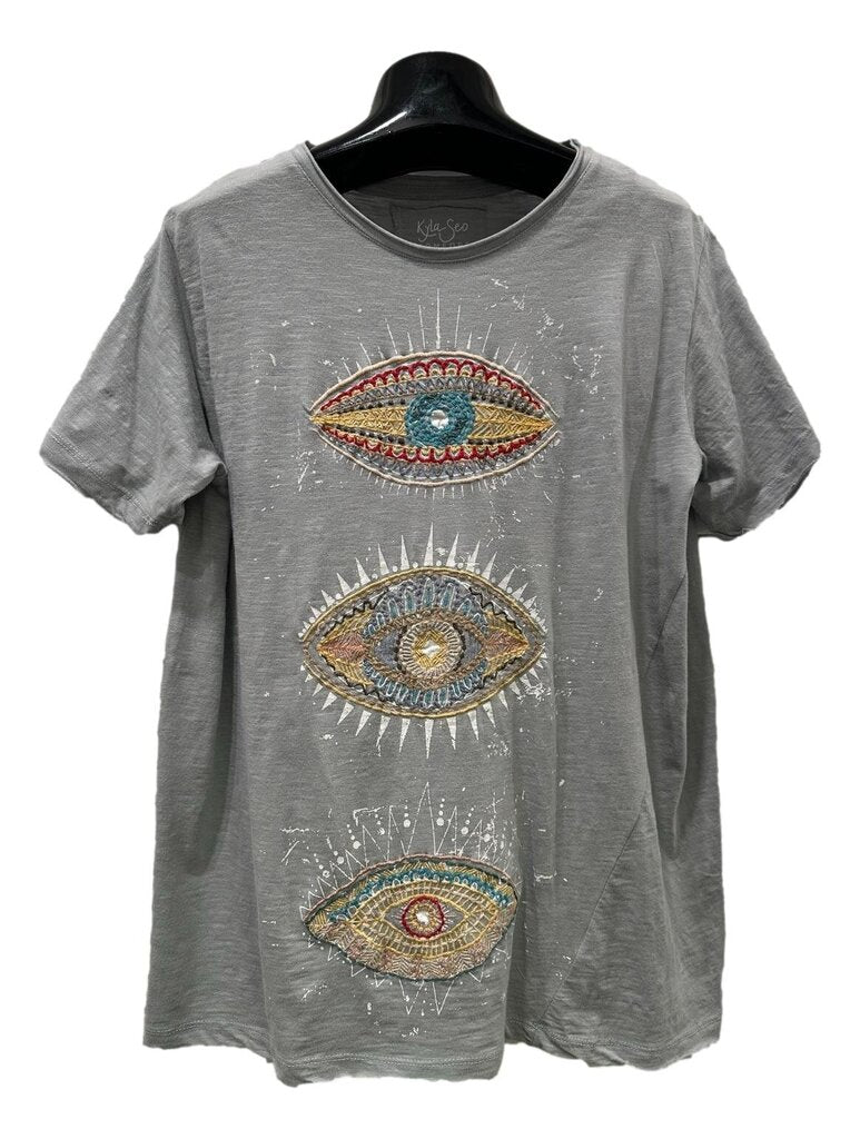 KYLA SEO Blue Fog Short Sleeve Embroidered Eye Top