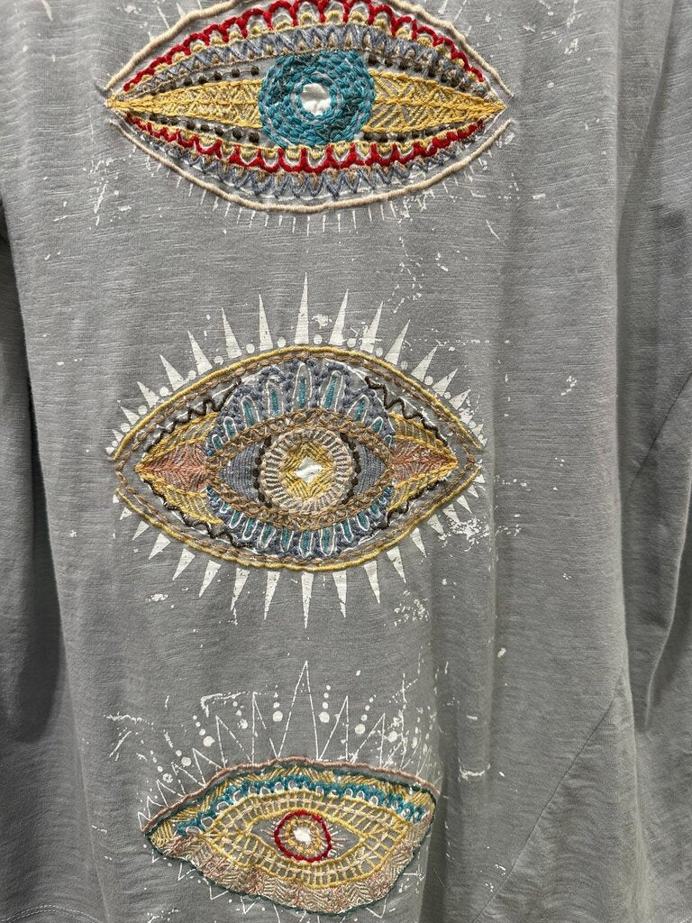 KYLA SEO Blue Fog Short Sleeve Embroidered Eye Top
