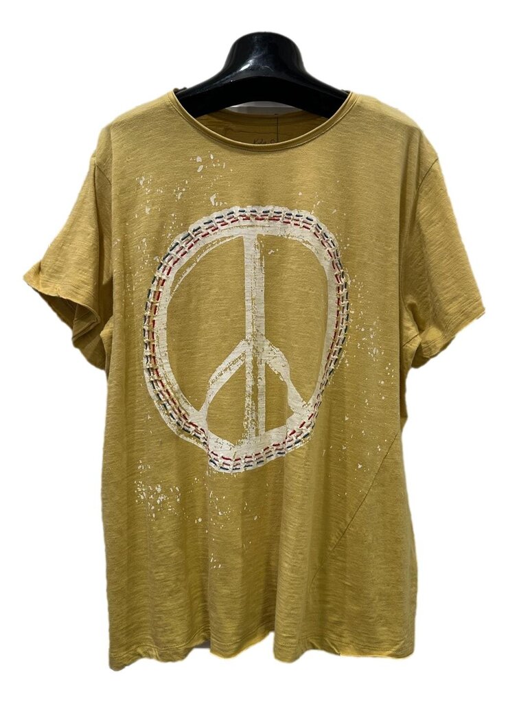 KYLA SEO Mustard Short Sleeve Embroidered Peace Top