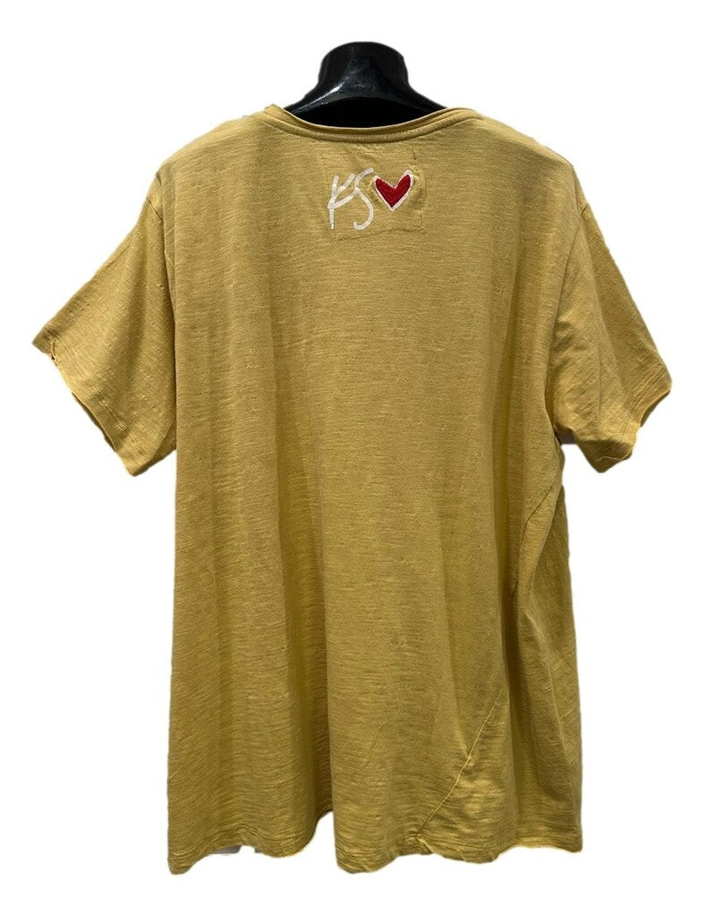 KYLA SEO Mustard Short Sleeve Embroidered Peace Top
