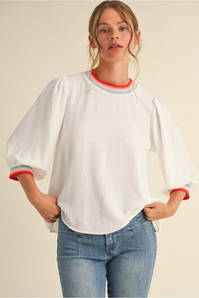 JODIFL White Top with Peasant Sleeves & Stripe Detailing