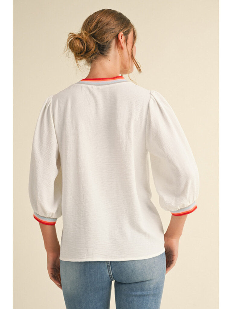 JODIFL White Top with Peasant Sleeves & Stripe Detailing