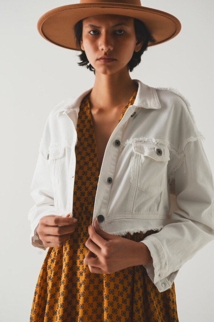 Q2 Crop White Denim Jacket with Unfinished Hemlines