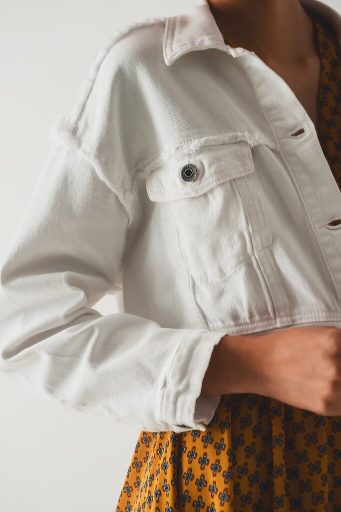 Q2 Crop White Denim Jacket with Unfinished Hemlines