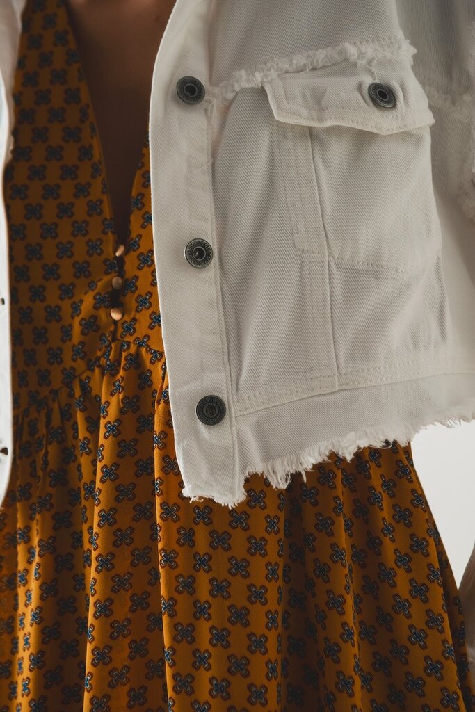 Q2 Crop White Denim Jacket with Unfinished Hemlines