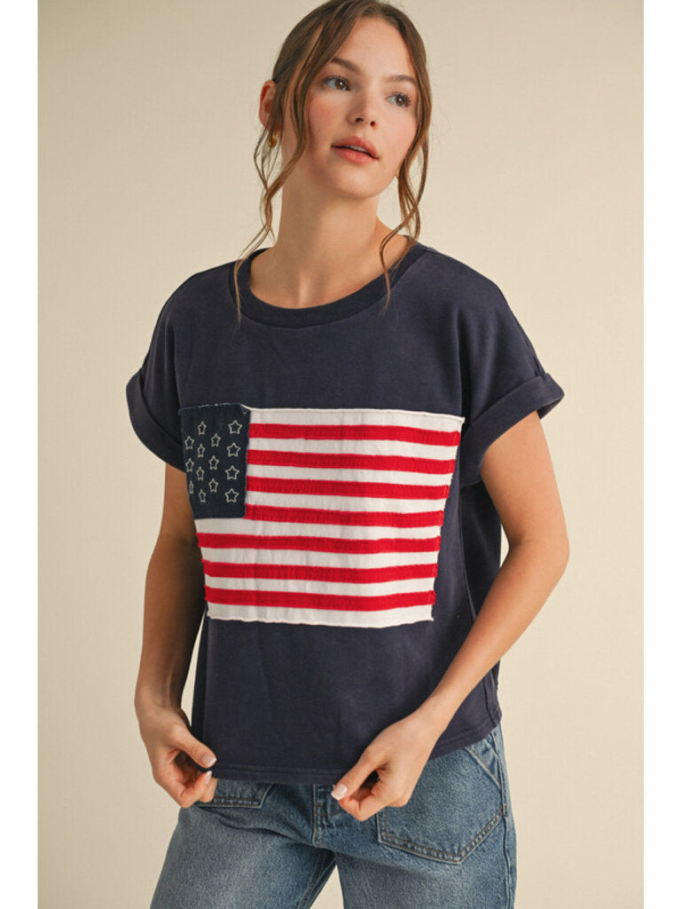 JODIFL Navy Cuffed Short Sleeves Patch American Flag Top