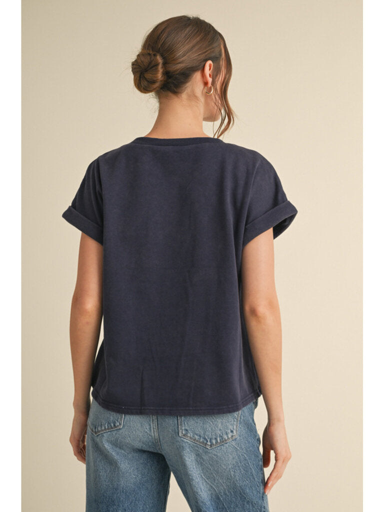 JODIFL Navy Cuffed Short Sleeves Patch American Flag Top