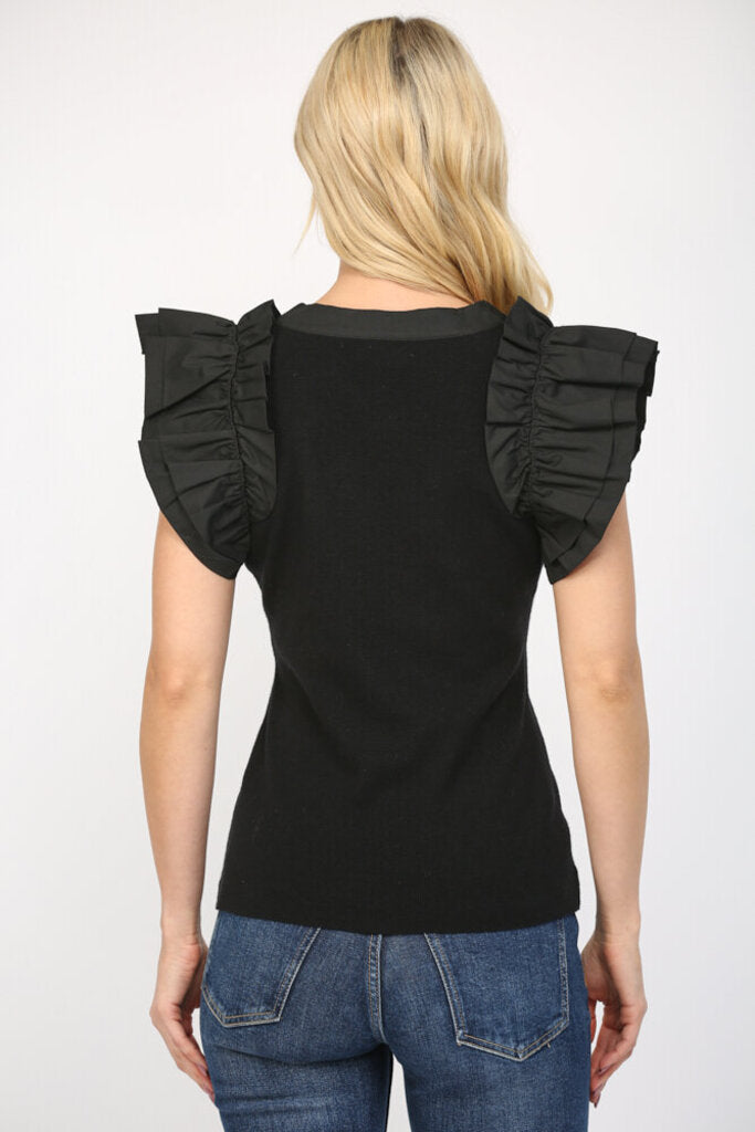 FATE Black Ruffle Short Sleeves Fitted Sweater Top