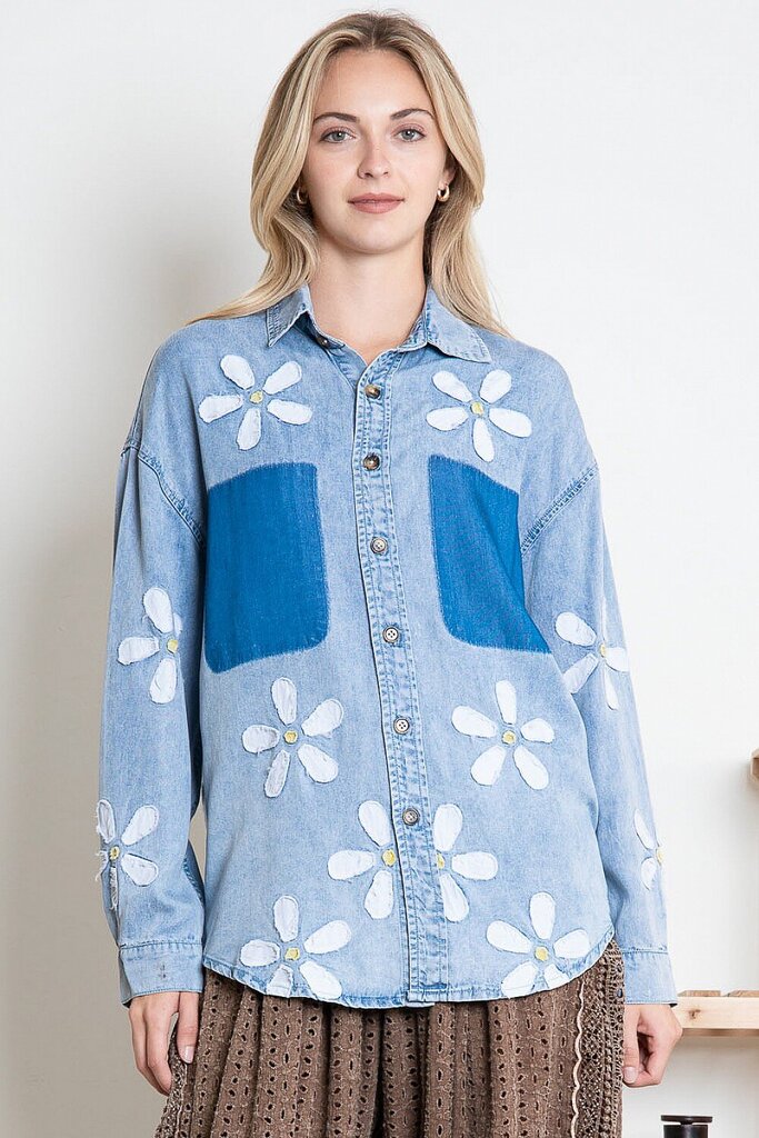 BLUE VELVET Cotton Denim Long Sleeve Button Down Top