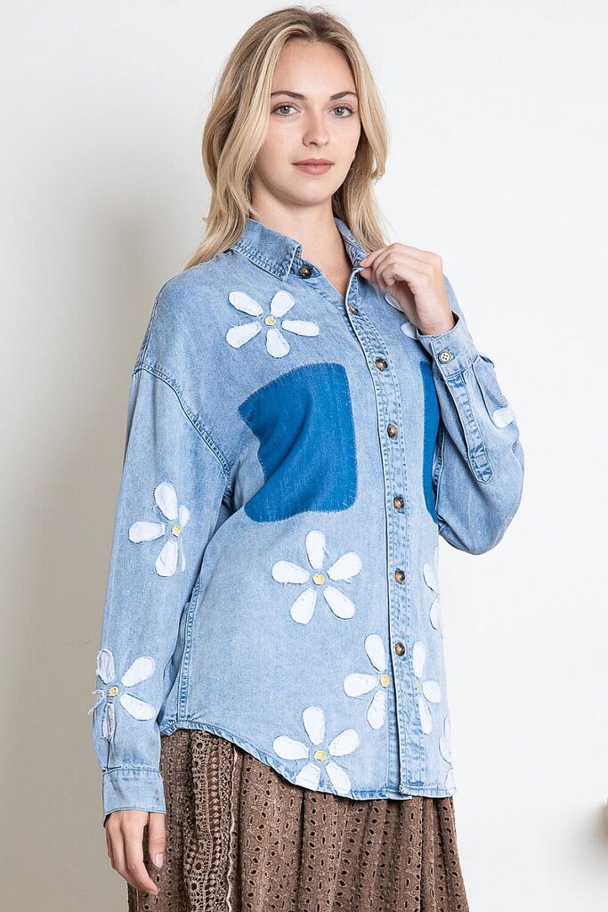 BLUE VELVET Cotton Denim Long Sleeve Button Down Top