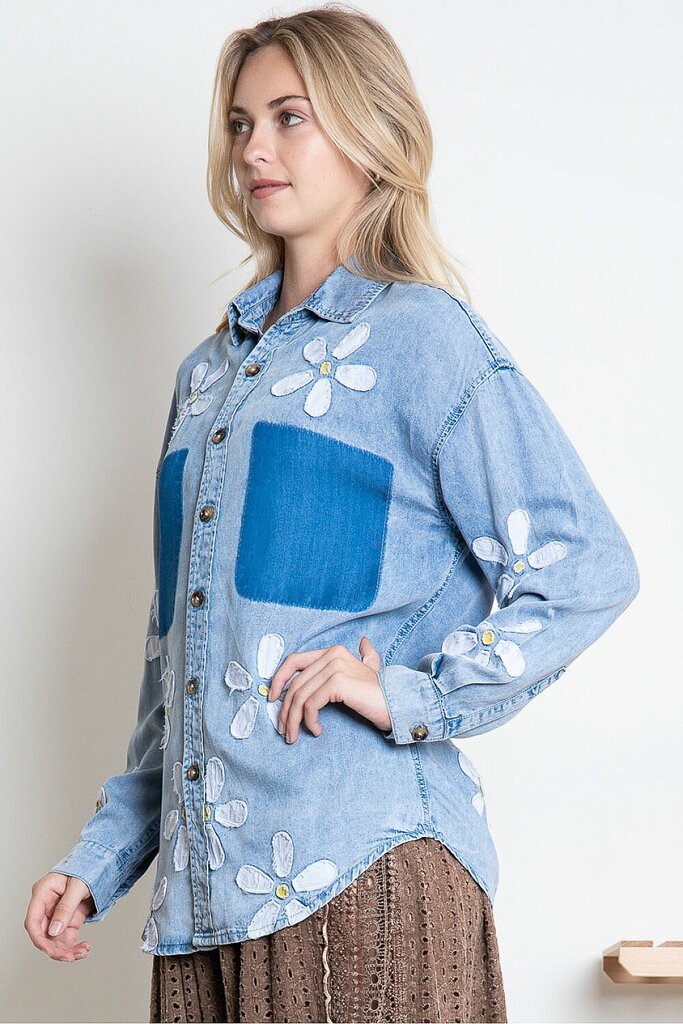 BLUE VELVET Cotton Denim Long Sleeve Button Down Top