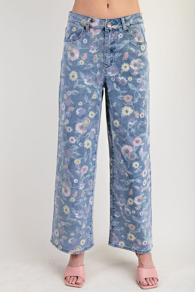 EASEL Washed Denim Twill Wide Leg Floral Print Jeans