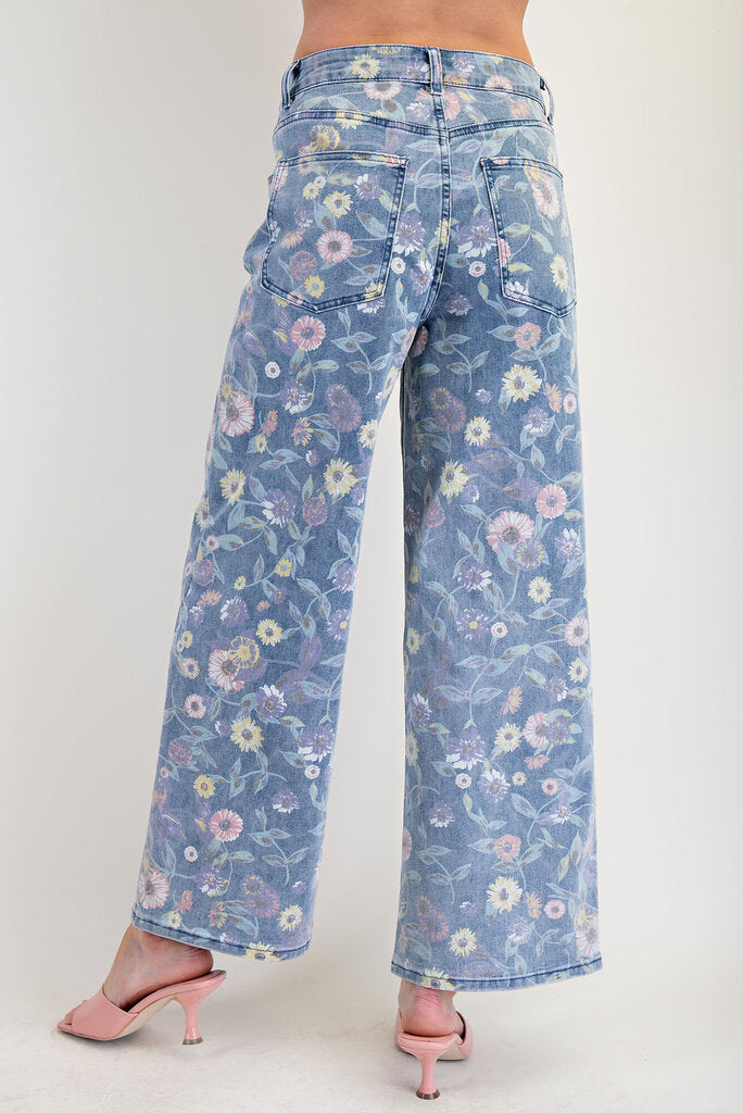 EASEL Washed Denim Twill Wide Leg Floral Print Jeans