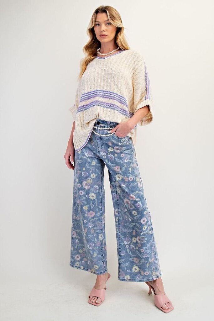 EASEL Washed Denim Twill Wide Leg Floral Print Jeans